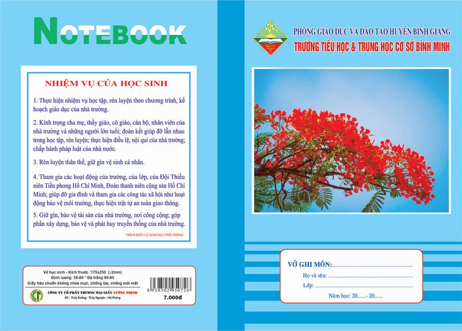 Vở Trường Tiểu học & THCS Bình Minh - Huyện Bình Giang (Kẻ ngang, 80 trang)